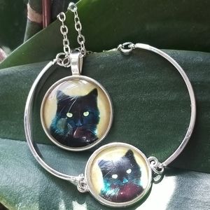 Black Cat Jewelry Set Bracelet and Necklace